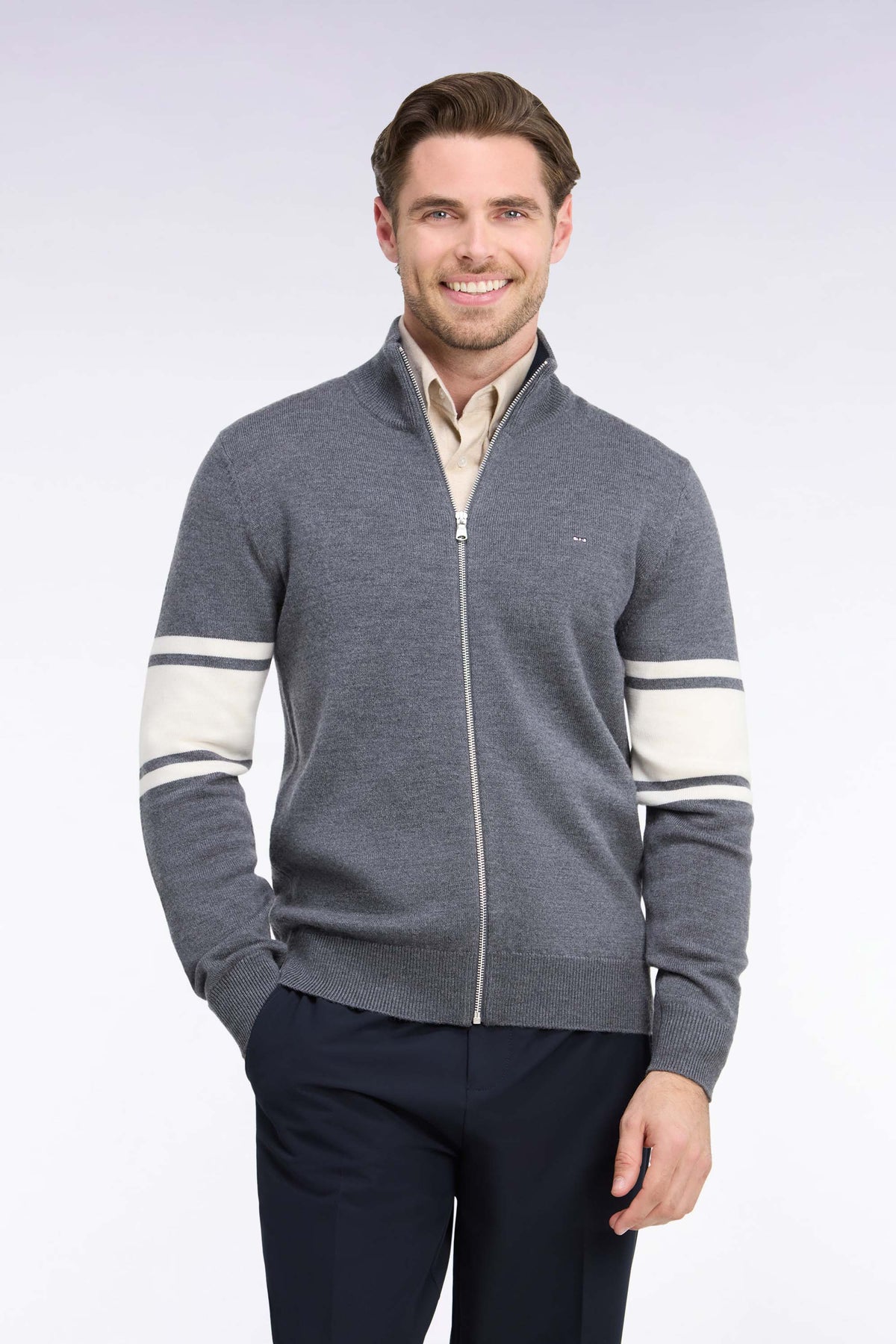 Gray merino wool zipped cardigan with striped sleeves, straight fit