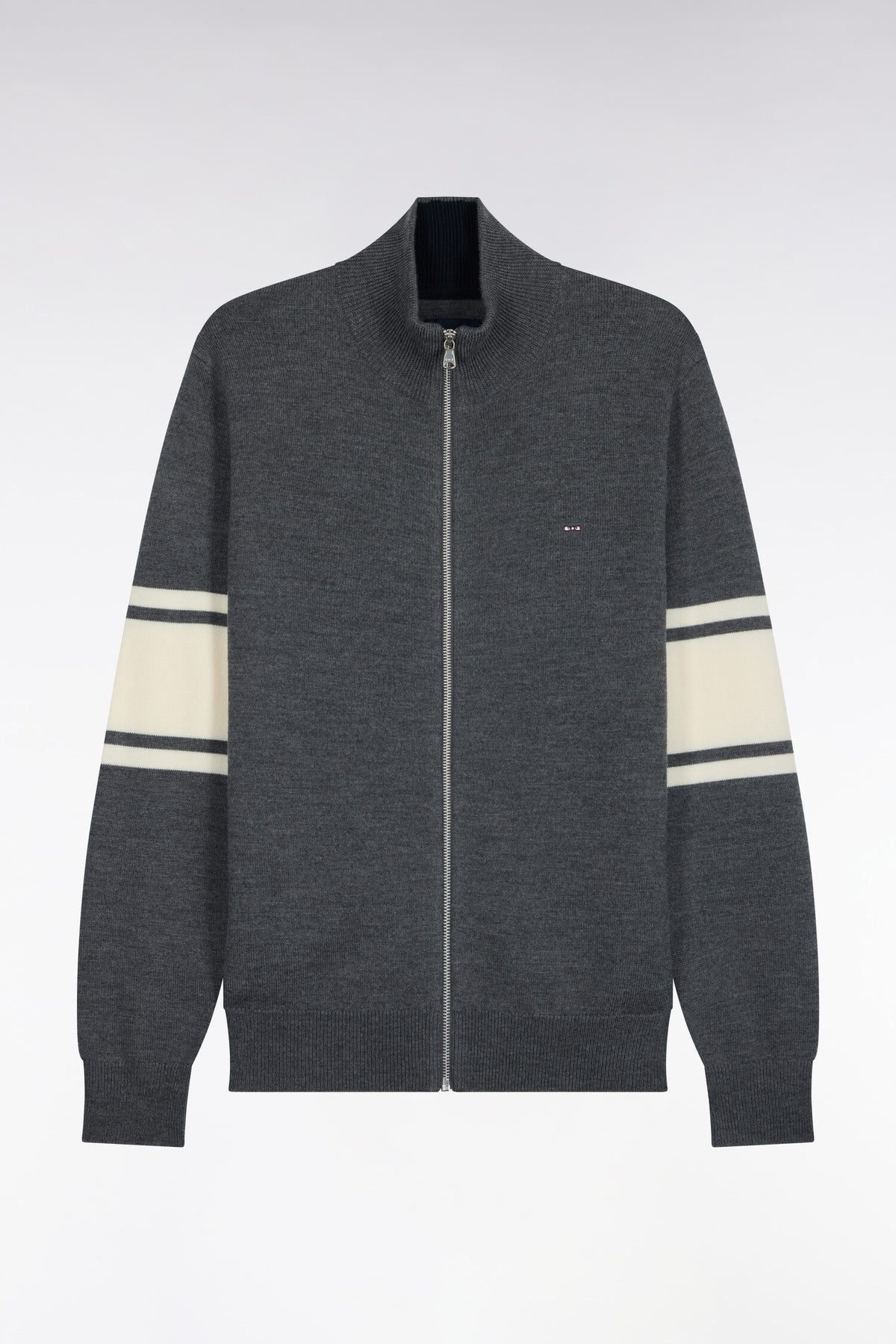 Gray merino wool zipped cardigan with striped sleeves, straight fit