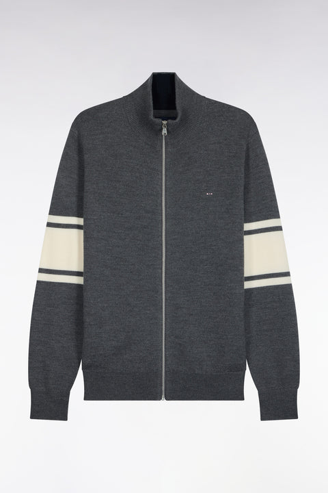 Gray merino wool zipped cardigan with striped sleeves, straight fit - Image 2