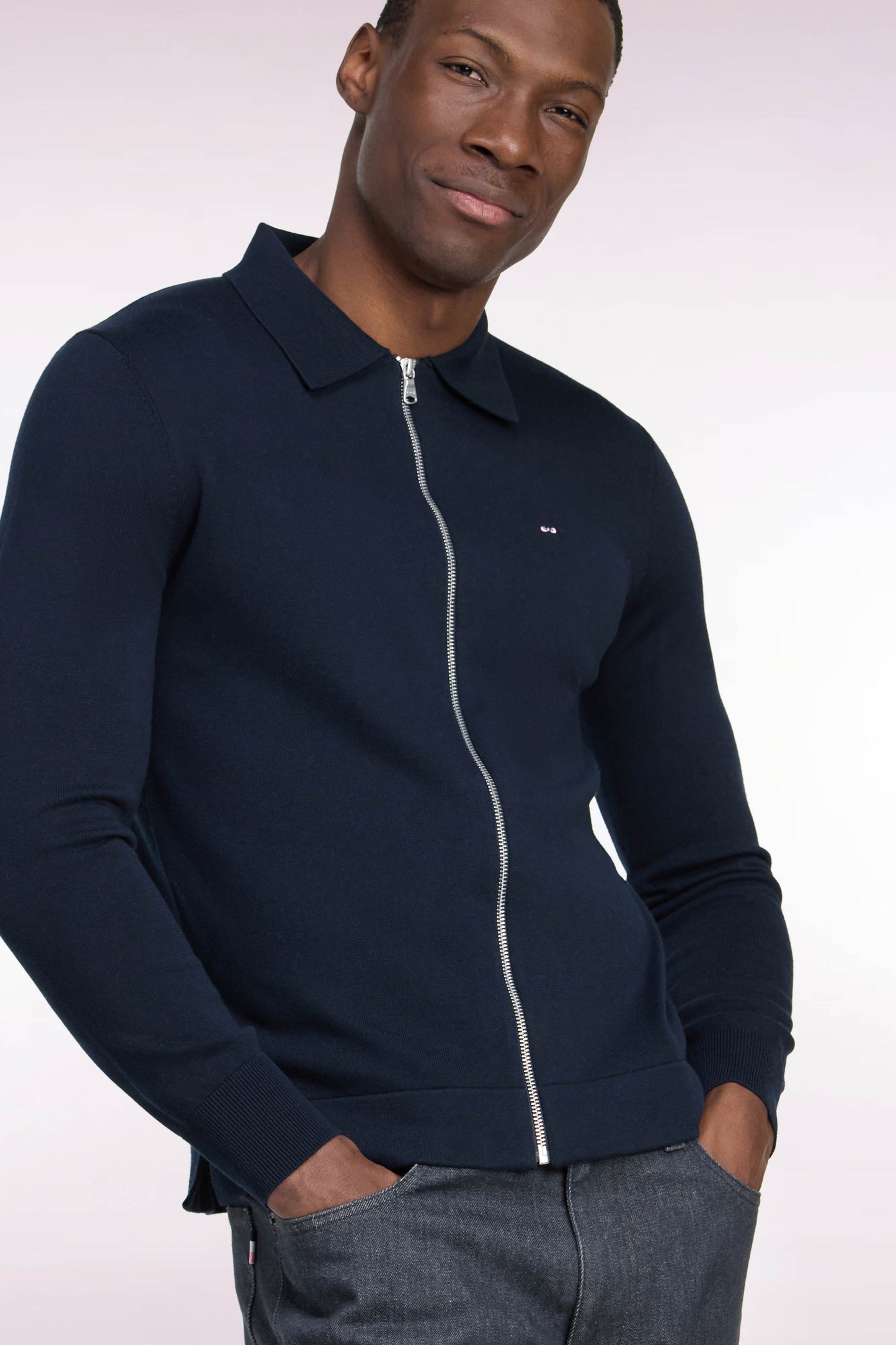 Cardigan zippé en coton et viscose marine coupe droite
