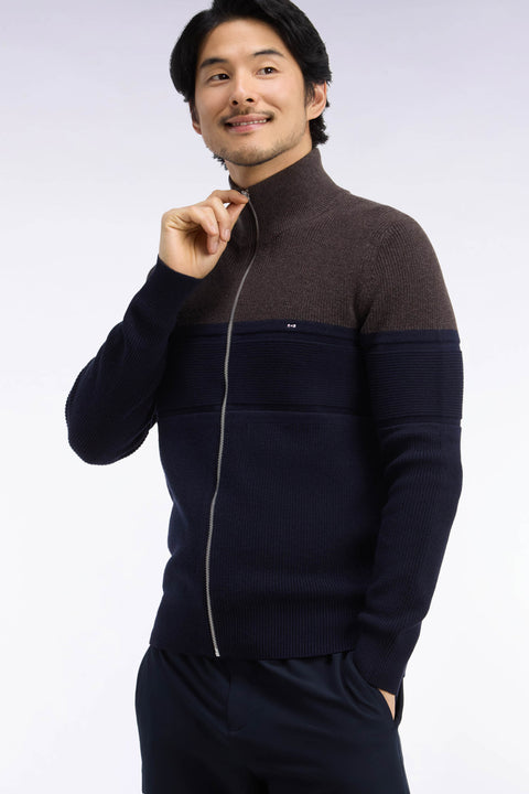 Cardigan zippé bicolore en laine mérinos marine et marron coupe droite - Image 1