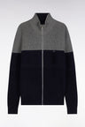 Two-tone zipped cardigan in navy and gray merino wool, straight cut