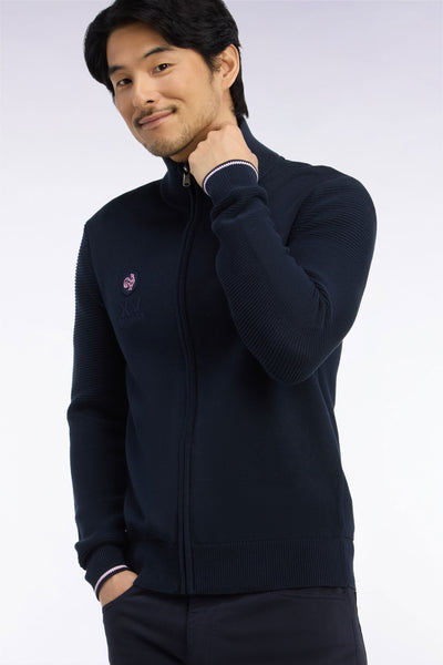 XV de France zipped cardigan in navy cotton jersey embroidered straight cut