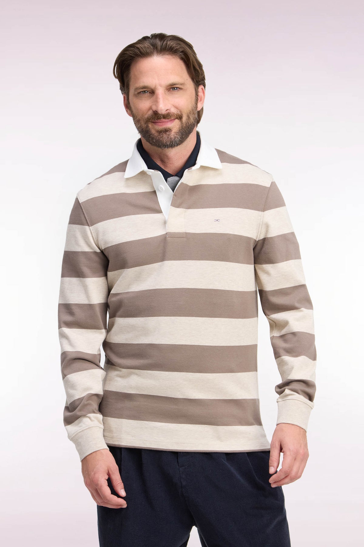Long-sleeved jersey in beige striped cotton jersey