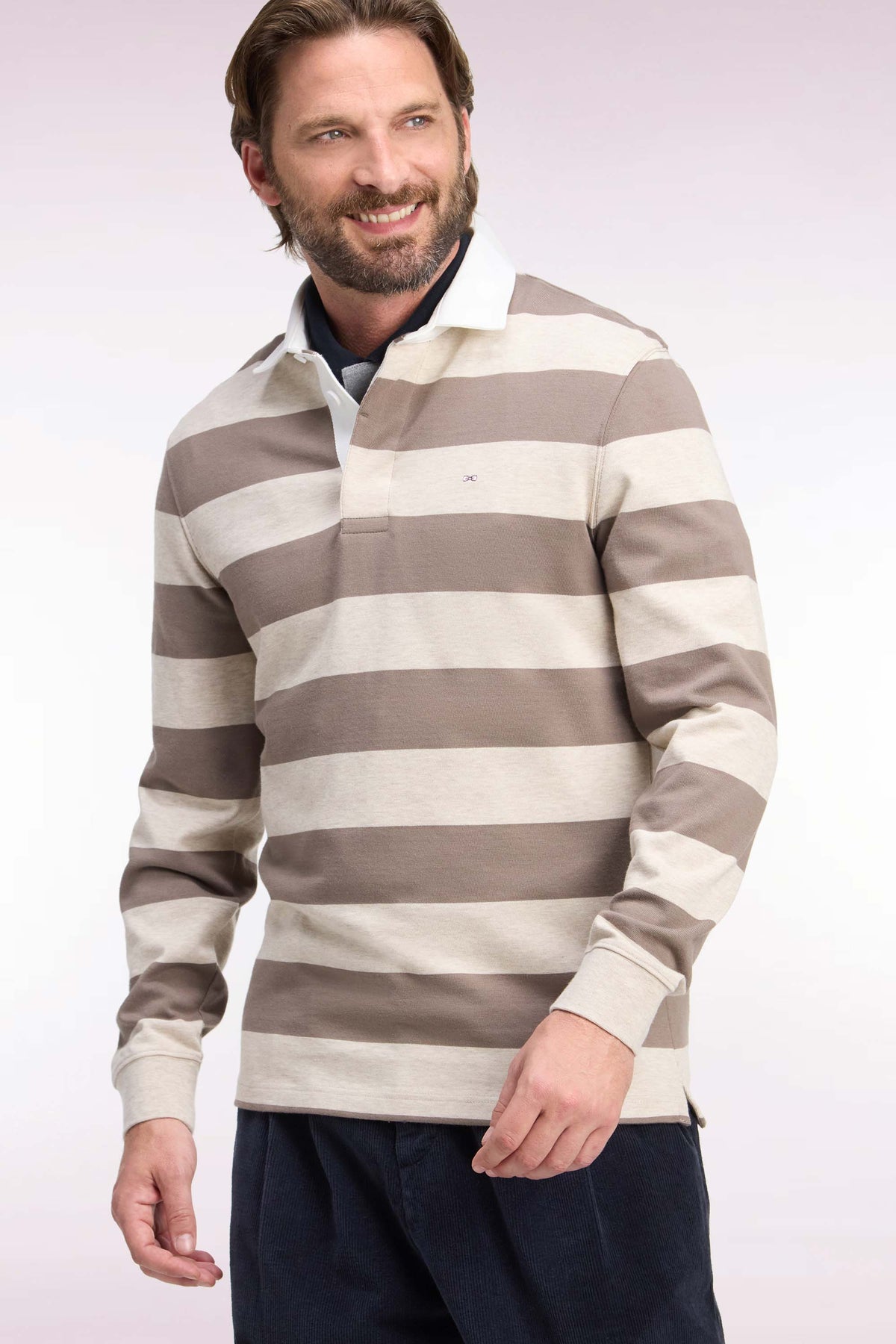 Long-sleeved jersey in beige striped cotton jersey