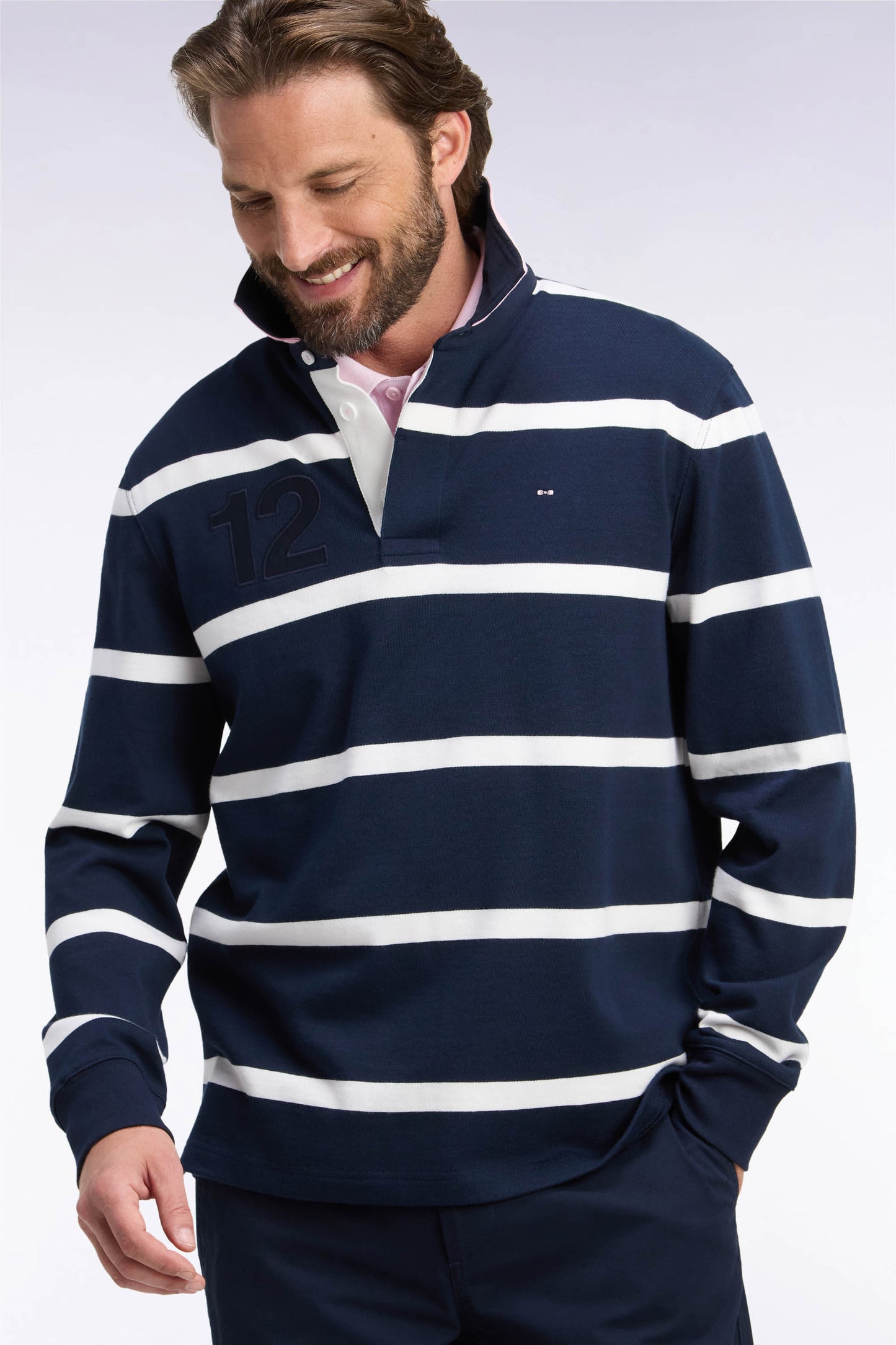 Maillot manches longues en jersey de coton marine rayé broderie dos