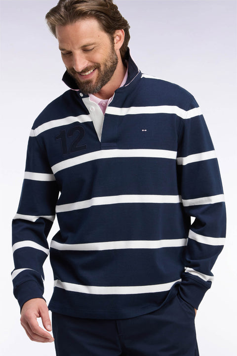 Long-sleeved jersey in navy striped cotton jersey with embroidery on the back - Image 1