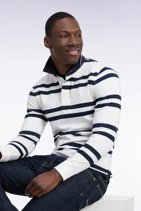 Long-sleeved jersey in white cotton jersey with navy stripes, regular fit - Image 1