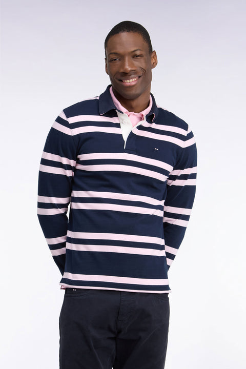 Long-sleeved jersey in navy cotton jersey with pink stripes, regular fit - Image 3