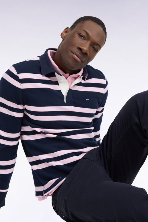 Long-sleeved jersey in navy cotton jersey with pink stripes, regular fit - Image 1