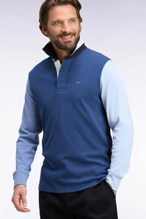 Long-sleeved jersey in navy tricolor embroidered cotton jersey, straight cut - Image 1
