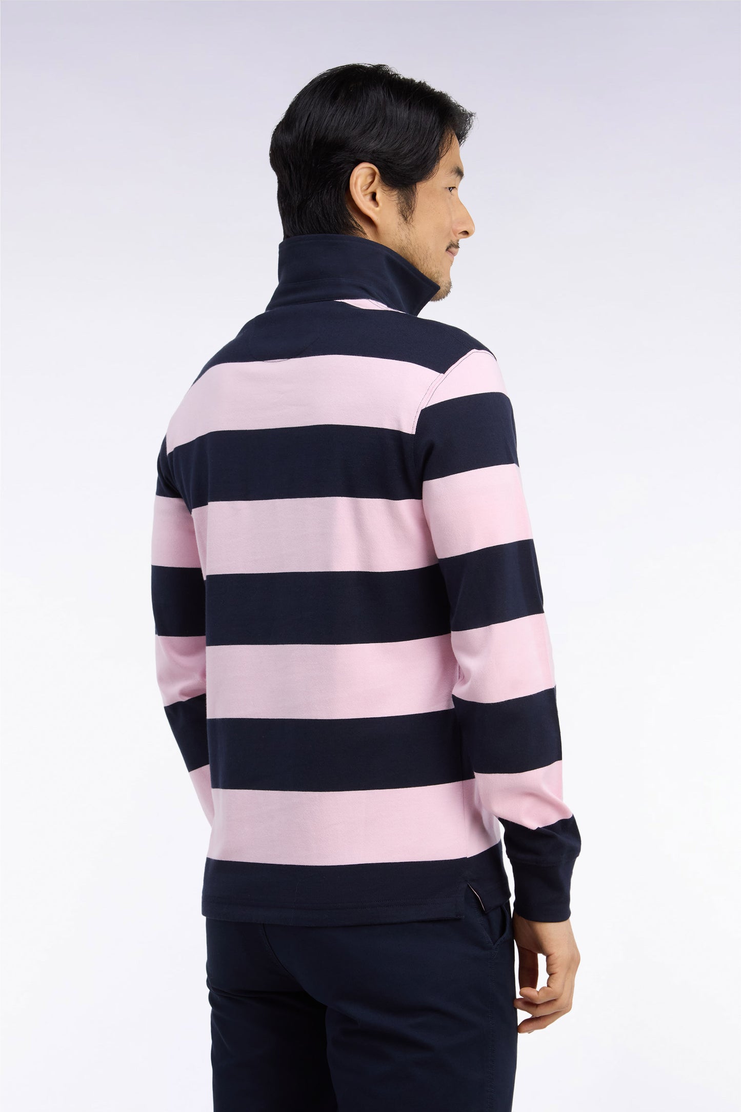 Maillot manches longues en coton rayé rose et marine coupe droite
