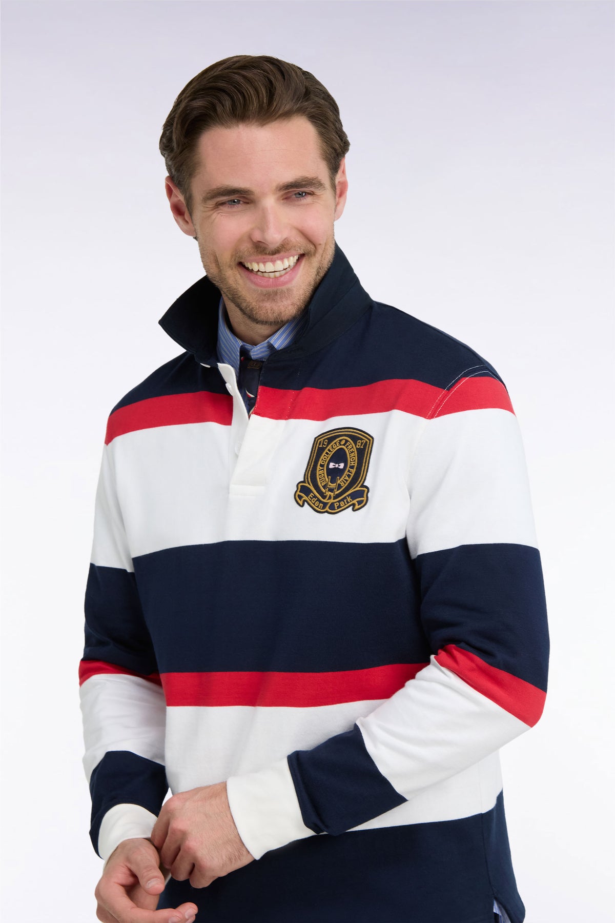 Long-sleeved navy striped jersey with badge embroidery