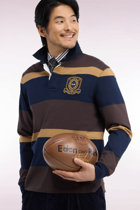 Brown striped long-sleeved jersey with badge embroidery - Image 1