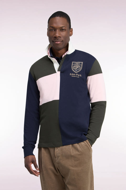 Long-sleeved jersey in straight-cut khaki tricolor combed cotton jersey - Image 3