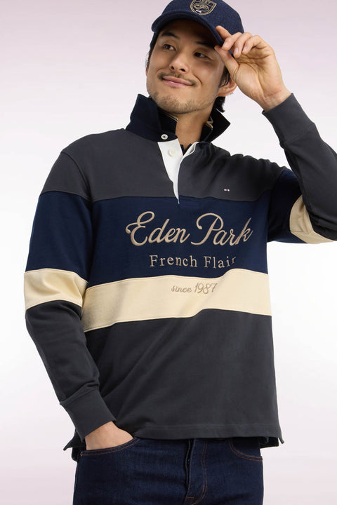 Long-sleeved cut-and-sew jersey in khaki tricolor cotton with Héritage embroidery - Image 1