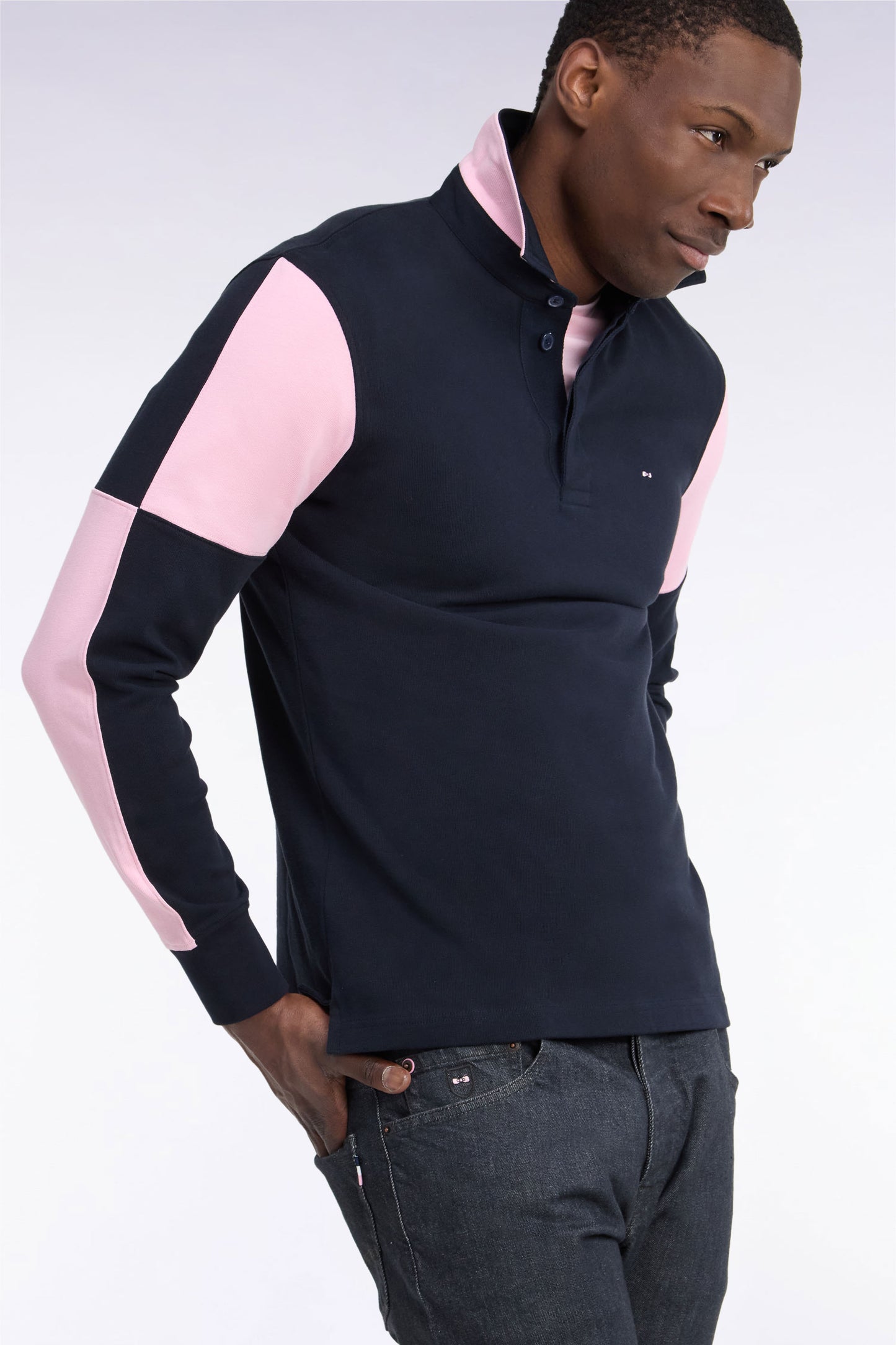 Maillot manches longues en jersey de coton marine et rose