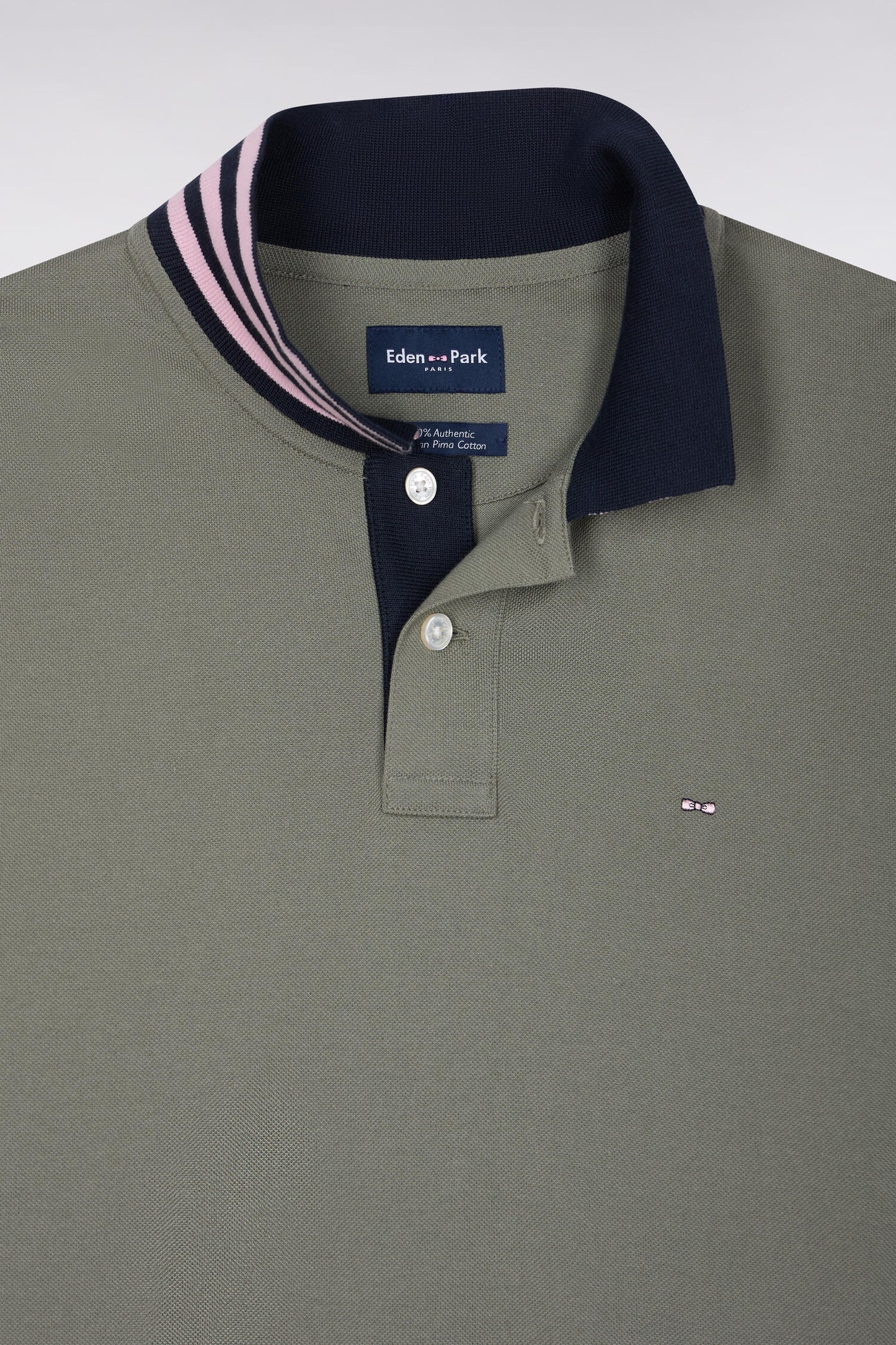Polo manches courtes sous-col rayé en coton Pima kaki coupe droite