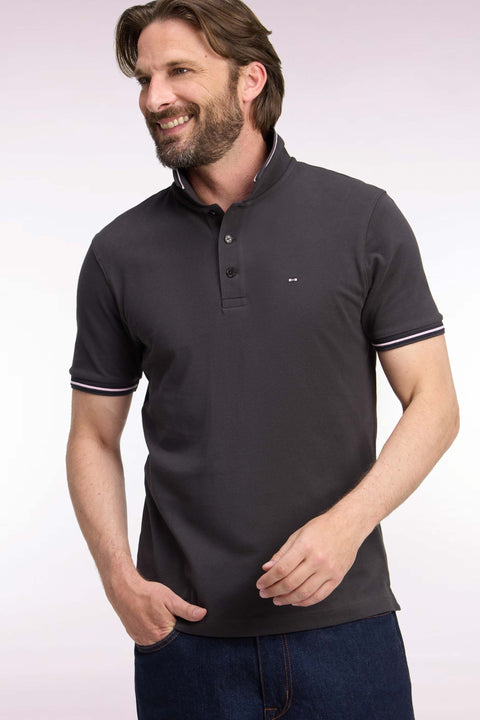 Short-sleeved polo shirt in brown cotton pique straight cut - Image 1