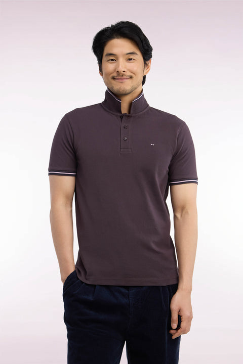 Short-sleeved polo shirt in brown cotton pique straight cut - Image 3