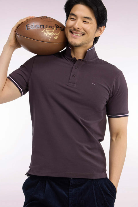 Short-sleeved polo shirt in brown cotton pique straight cut - Image 1