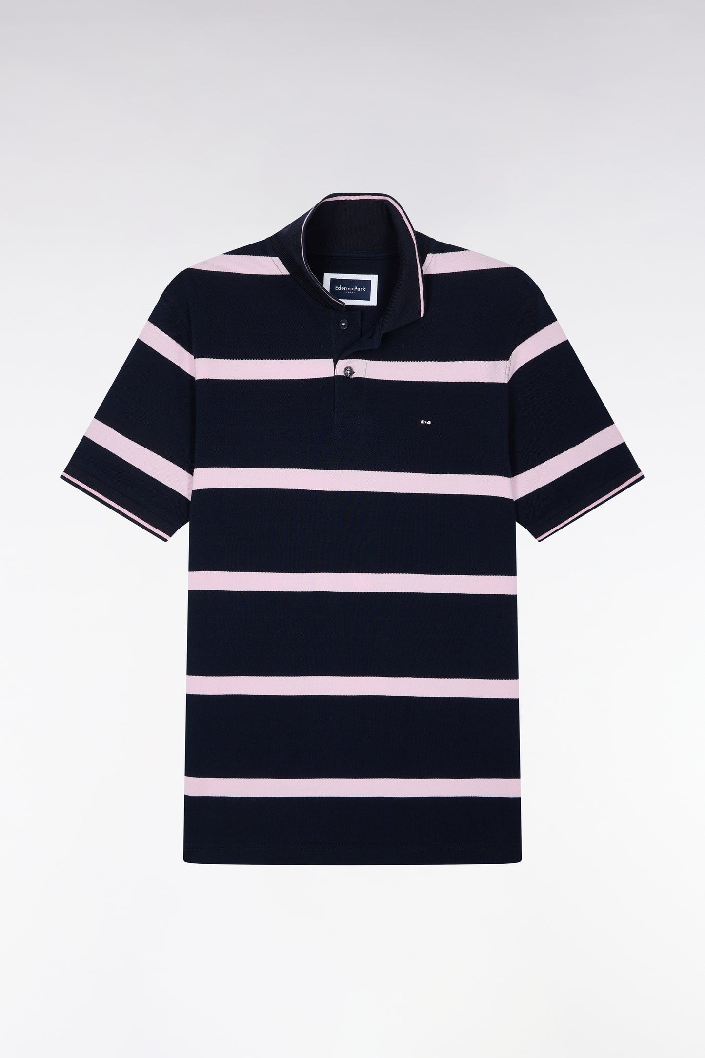 Polo manches courtes marine à rayures roses coupe droite