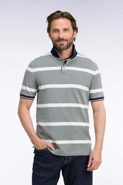 Green short-sleeved polo shirt with ecru stripes, straight cut - Image 3