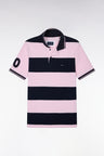 Short-sleeved polo shirt with pink and navy rugby stripes, straight cut