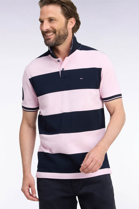 Short-sleeved polo shirt with pink and navy rugby stripes, straight cut - Image 1