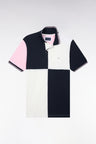 Short-sleeved polo shirt in three-color cotton piqué with ecru cutouts, straight cut