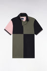 Short-sleeved polo shirt in three-color cotton piqué with khaki cutouts, straight cut