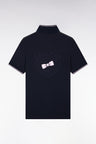 Short-sleeved polo shirt in khaki and navy cotton pique with embroidered back, straight cut