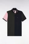 Short-sleeved polo shirt with navy and khaki cutouts, straight cut
