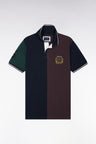 Short-sleeved polo shirt with vertical cutouts in brown and navy cotton, straight cut