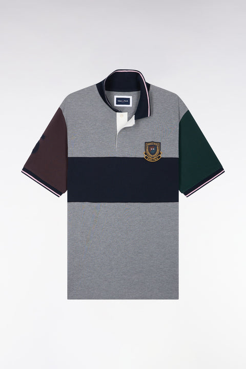 Polo manches courtes en coton gris à découpes et écusson coupe droite - Image 2