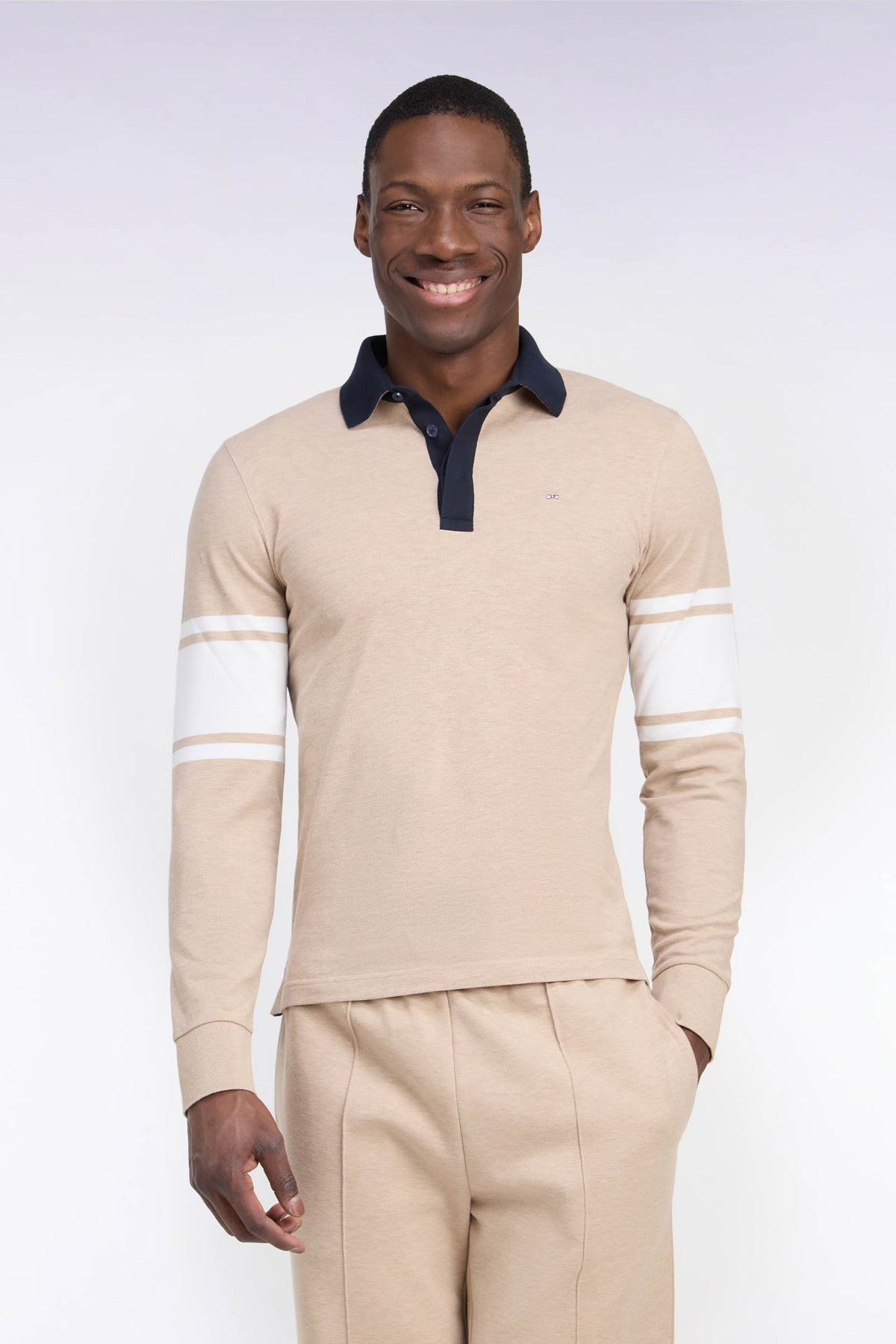 Long-sleeved polo shirt in beige cotton pique straight cut