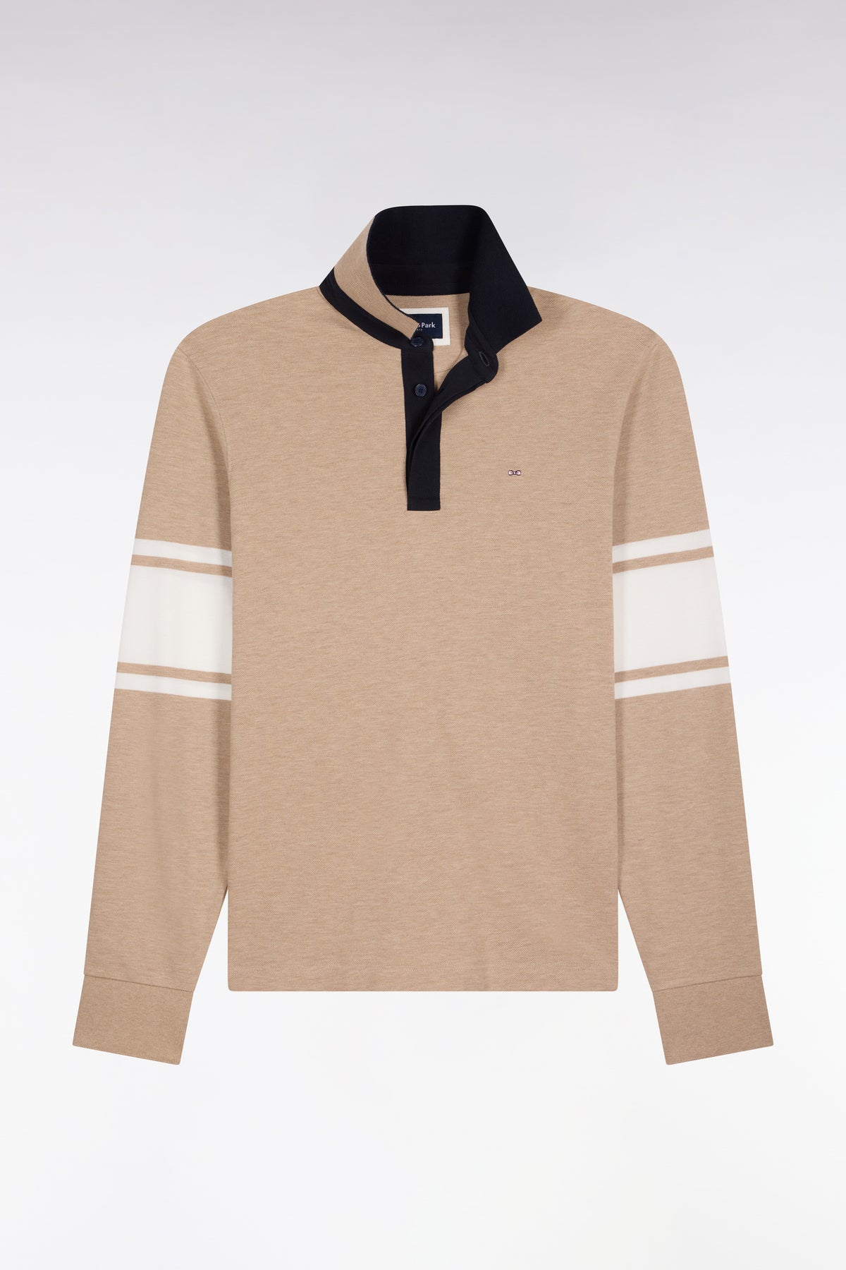 Long-sleeved polo shirt in beige cotton pique straight cut