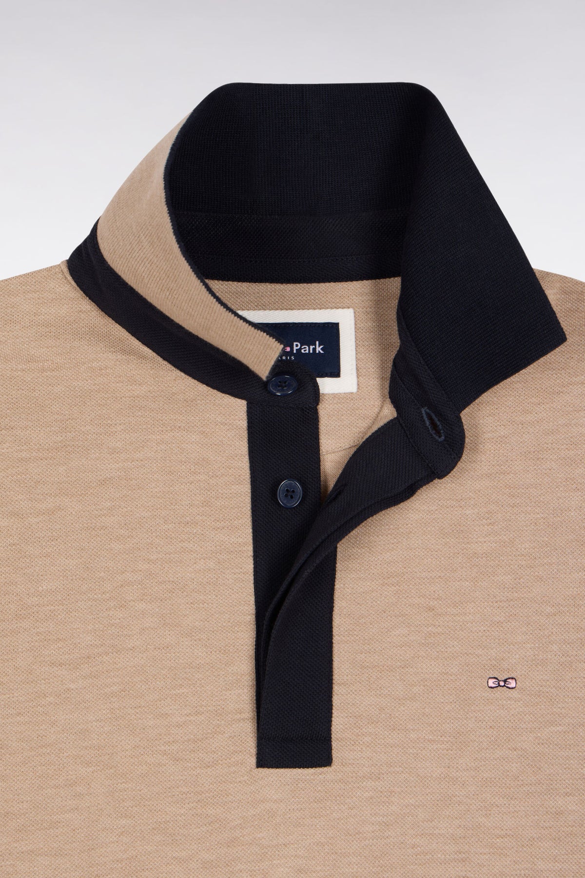 Long-sleeved polo shirt in beige cotton pique straight cut