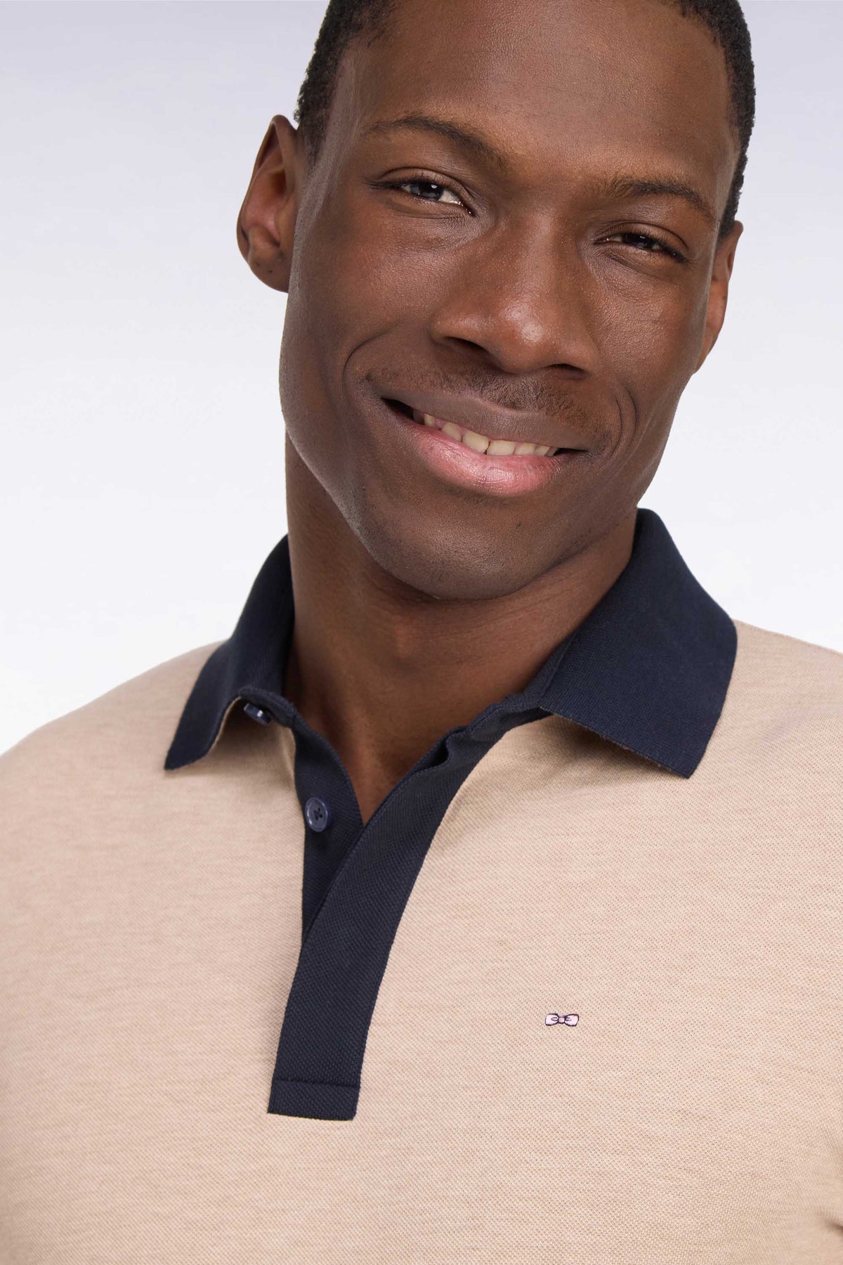 Long-sleeved polo shirt in beige cotton pique straight cut