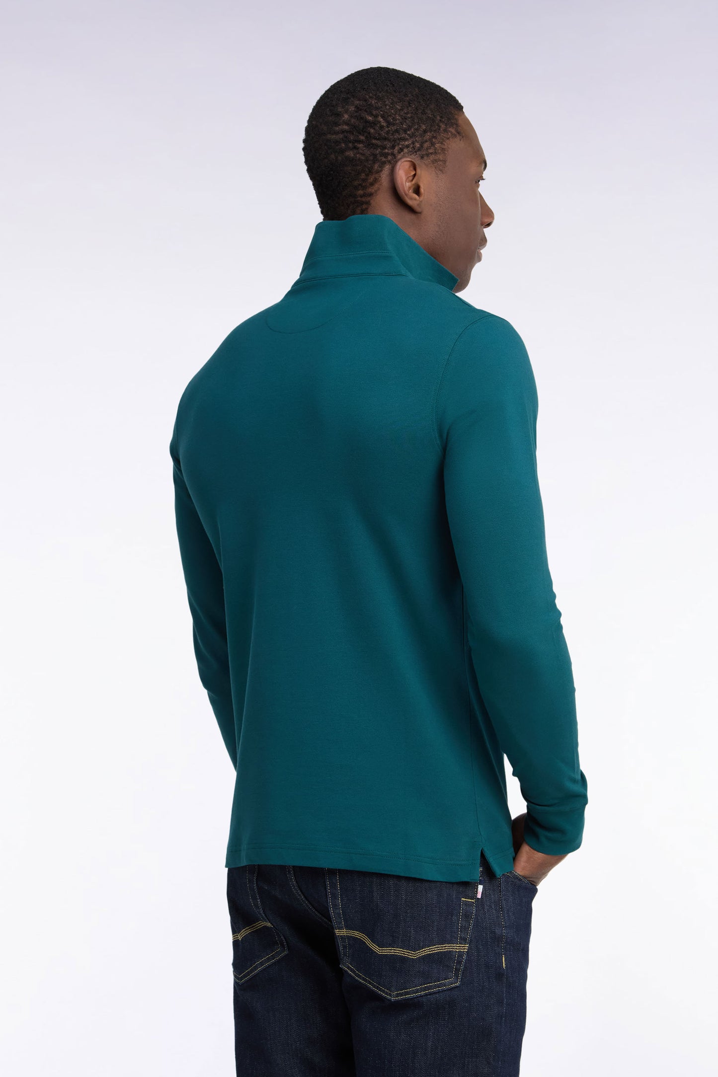 Polo manches longues en coton stretch vert coupe ajustée