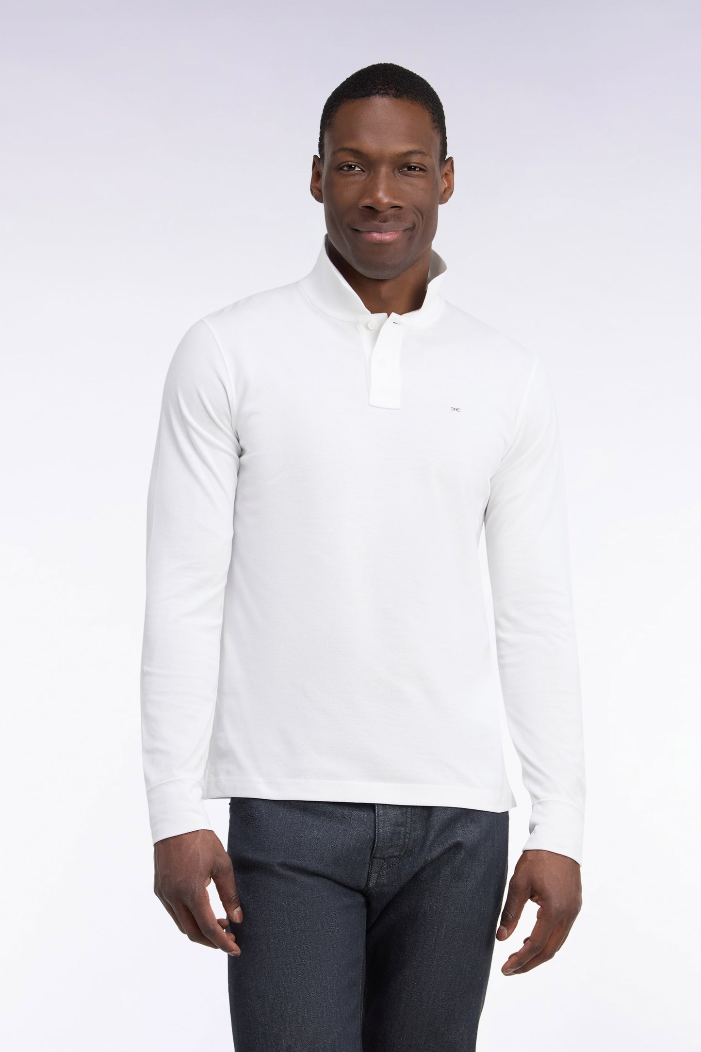 Polo manches longues en coton Pima blanc coupe droite