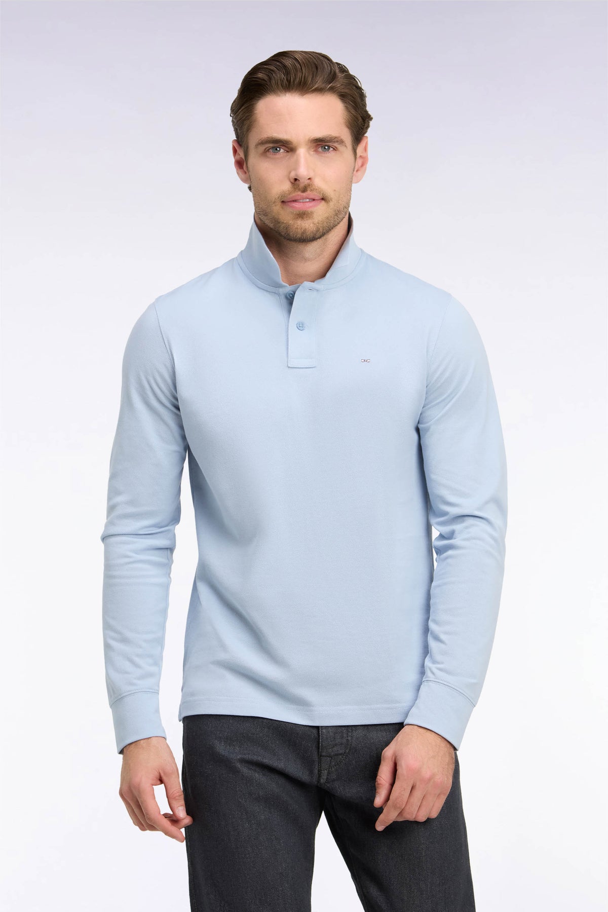 Long-sleeved polo shirt in sky blue Pima cotton, straight cut