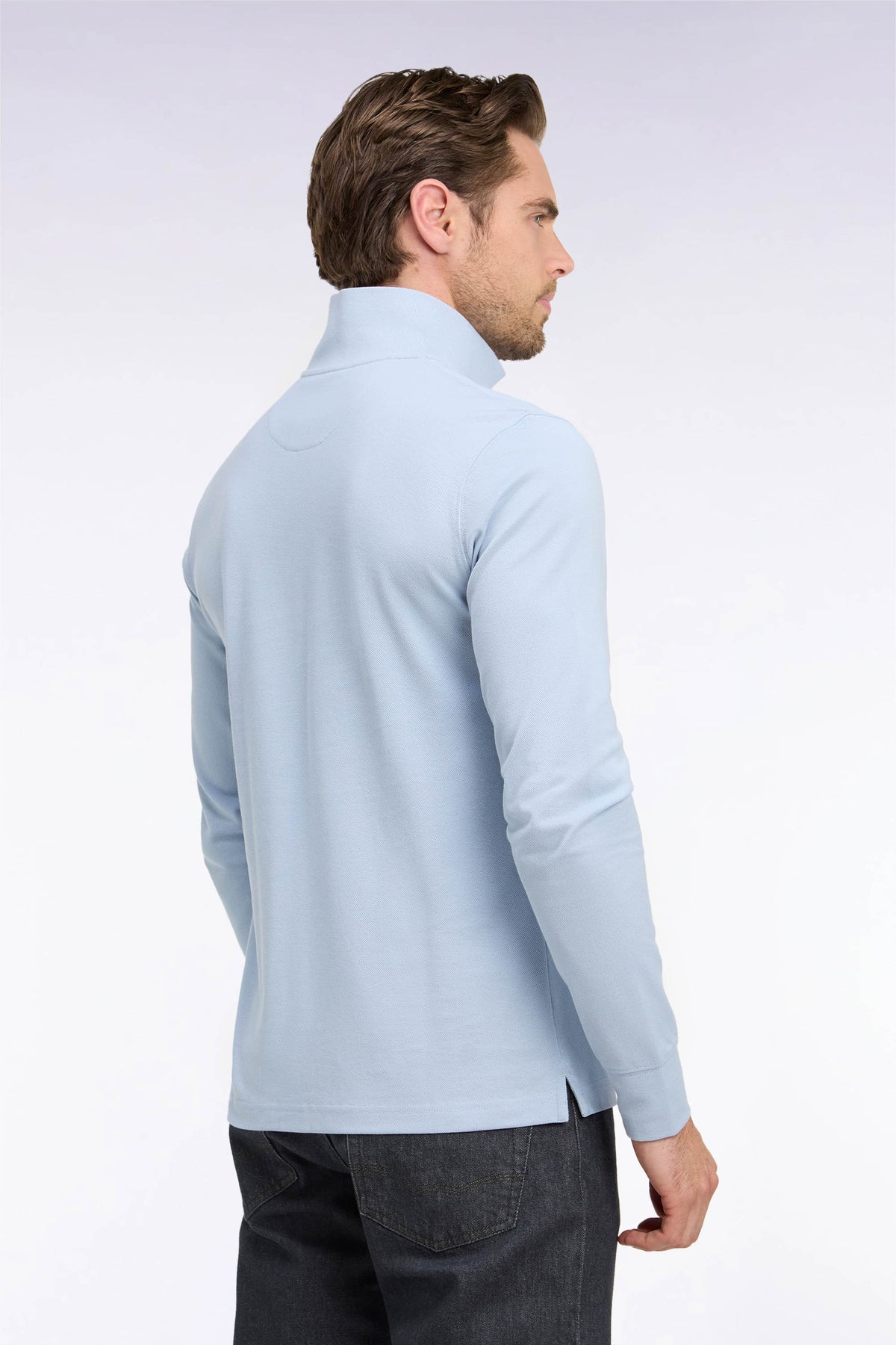 Long-sleeved polo shirt in sky blue Pima cotton, straight cut