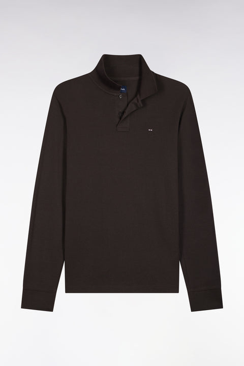 Long-sleeved polo shirt in dark brown Pima cotton, straight cut - Image 2