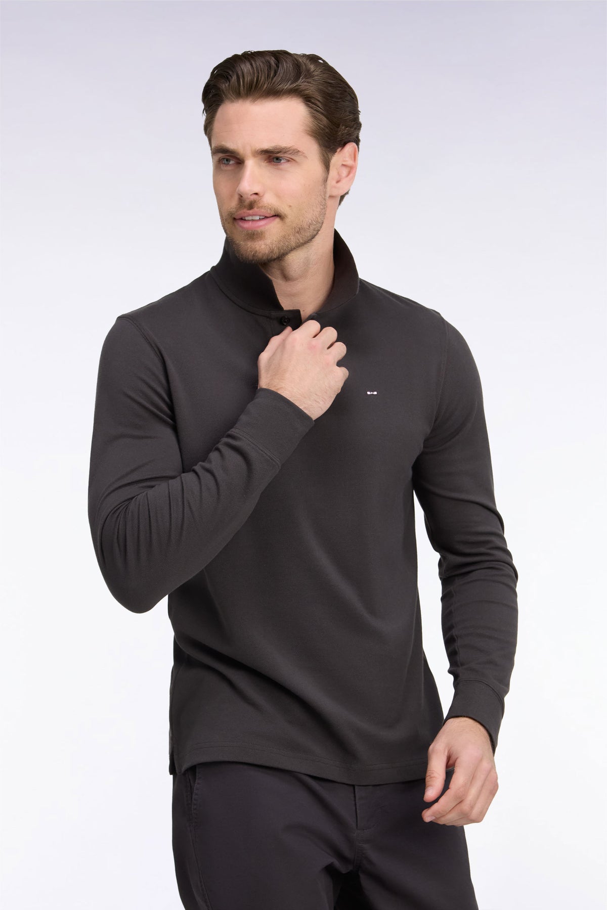 Long-sleeved polo shirt in dark brown Pima cotton, straight cut