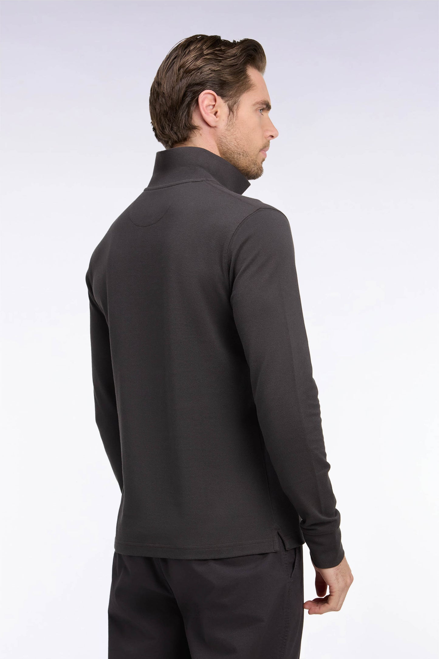 Long-sleeved polo shirt in dark brown Pima cotton, straight cut