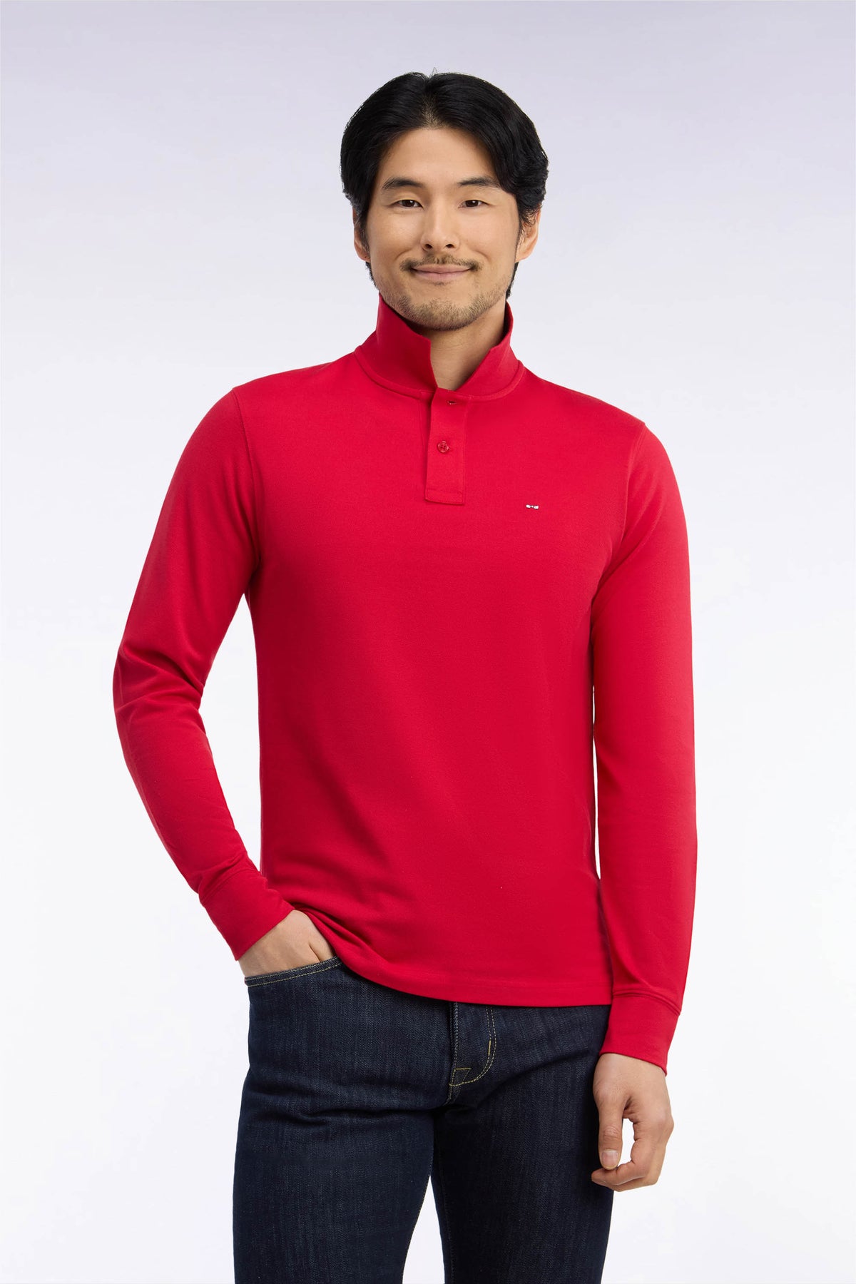 Long-sleeved straight-cut red Pima cotton polo shirt