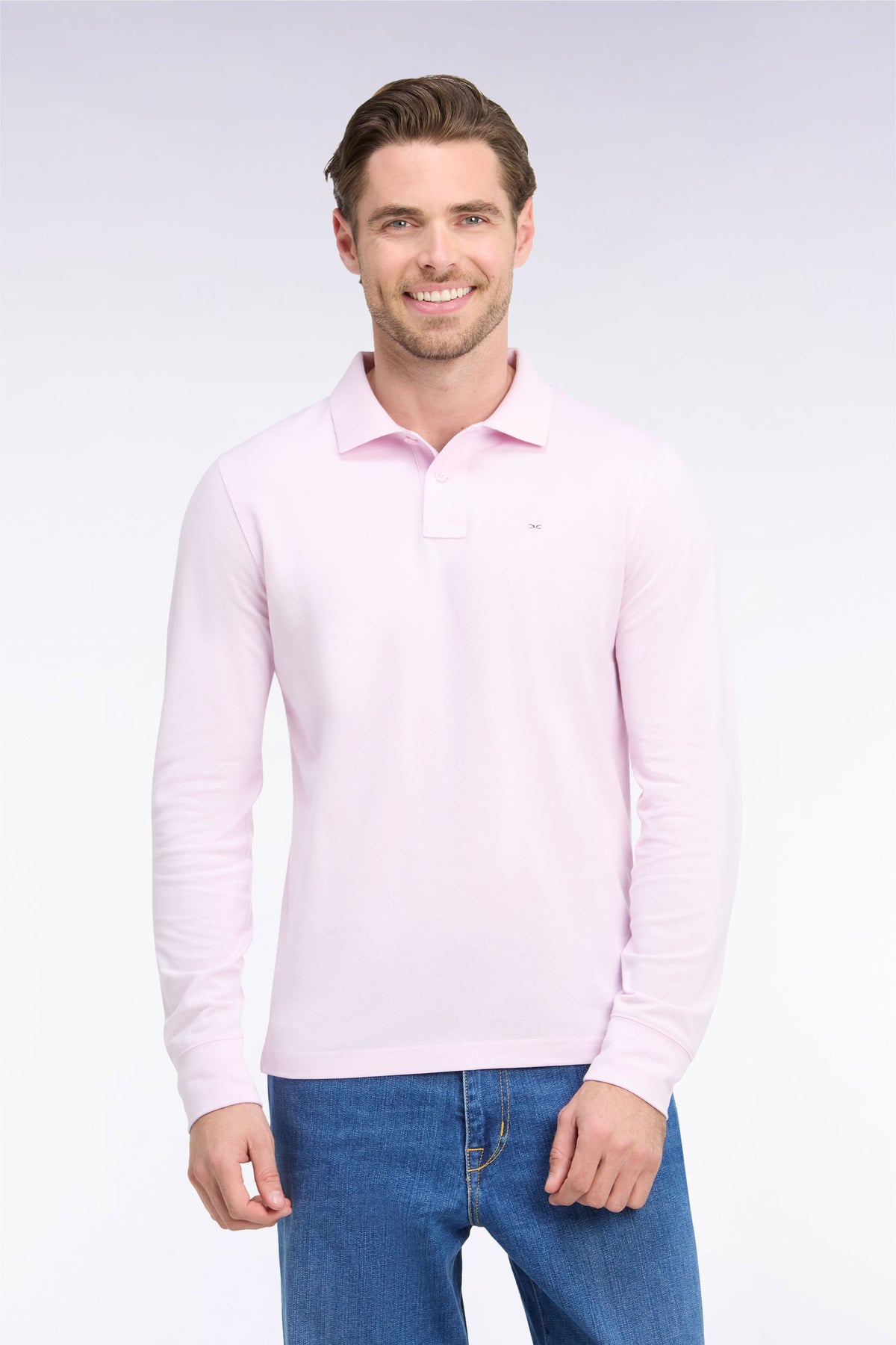 Long-sleeved straight-cut pink Pima cotton polo shirt