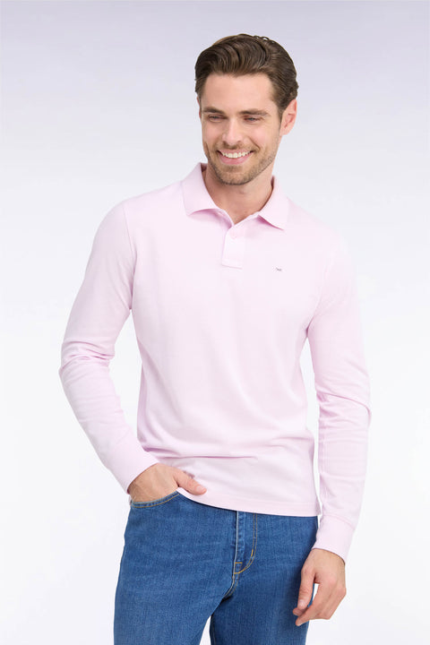 Long-sleeved straight-cut pink Pima cotton polo shirt - Image 1