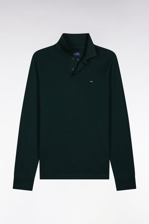 Long-sleeved polo shirt in dark green Pima cotton, straight cut - Image 2